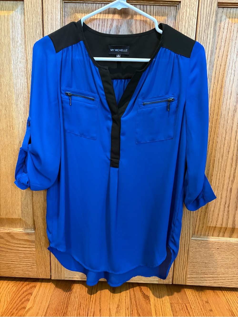 My Michelle Blue and Black Split V-Neck Blouse